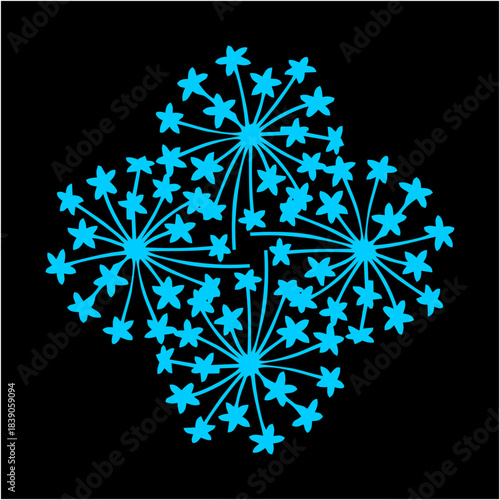 Radiant clusters of star-like petals expand in luminous symmetry, creating a playful sky-garden pattern that feels both cosmic and delicately botanical.