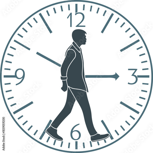Silhouette of a man walking across a clock face, white