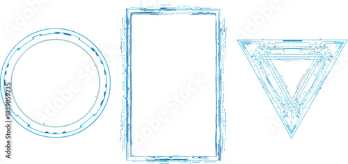 Futuristic circuit frame set, digital geometric borders, sci-fi interface design, tech-themed layout, abstract electronic graphic, modern UI embellishment