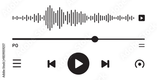 Modern audio player interface with sound wave, progress bar, play button, and navigation controls