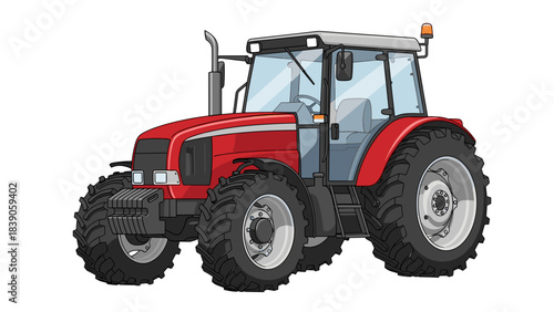 Illustration of a red agricultural tractor for farming and fieldwork