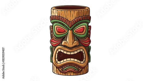 Illustration of a colorful tiki mug representing tropical cocktails and cultural themes