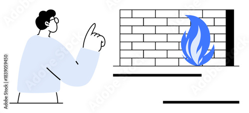Man pointing at brick wall with blue flame symbolizing cybersecurity, data protection, risk prevention, IT security, system monitoring, vulnerability management, and firewall breaches. A simple flat
