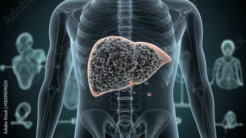 Progressive visualization of liver disease progression showing healthy liver turning into a diseased organ filled with numerous red spheres representing lesions or tumors, anatomical medical concept