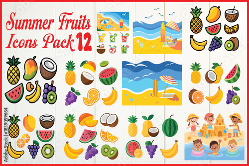 Vibrant summer fruit icons and beach fun for tropical designs