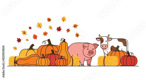 Autumn harvest scene featuring pumpkins pig and cow with falling leaves.