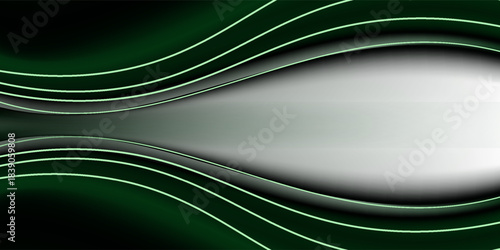 Abstract green wavy lines create a futuristic and sleek design on a dark background. 3D rendering