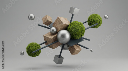 Fototapeta Naklejka Na Ścianę i Meble -  Abstract 3D ESG Balance Composition with Wood and Moss Shapes (AI Generated)