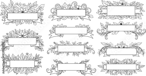 Vintage floral banner set, ornate botanical scrolls, decorative ribbon frames, elegant label layout, classic embellishment design, retro graphic collection