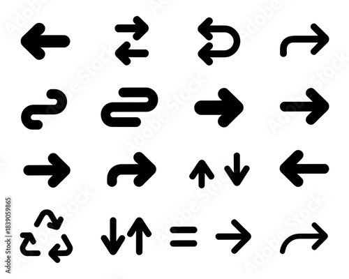 Arrow icon set with directional styles including curved, looped, recycling, and navigation symbols for user interface, signage, and graphic design
