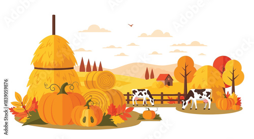 Autumn harvest scene featuring pumpkins hay bales and cows in a vibrant landscape.