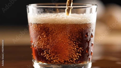 Pouring a dark beverage into a clear glass with foam.