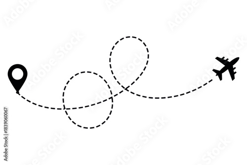 Airplane travel journey illustration with departure arrival icons, flight path loop, suitcase, aviation concept for tourism, vacation, transportation design