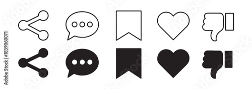 Set of outline and filled social media icons on white background, essential symbols for internet engagement