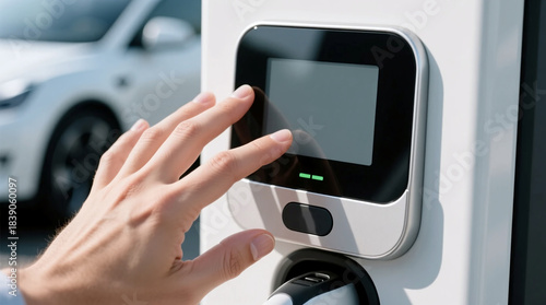 Fototapeta Naklejka Na Ścianę i Meble -  Hand on modern EV charging station interface with clean touch panel for electric mobility branding and sustainable energy presentations with wide commercial copy space