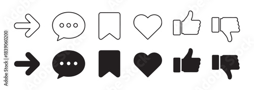 Set of outline and filled social media and navigation icons on white background, symbols for online actions