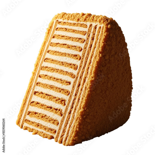 Slice of layered cake with cream filling and wafer biscuits