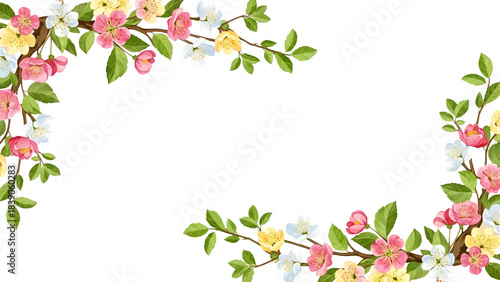 Beautiful spring floral corner frame with pink, yellow, and white blossoms and green leaves on a white background, perfect for invitations or greetings.