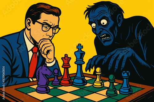 man in a suit playing chess against a terrifying monster, symbolizing internal struggle and decision-making pressure. Generative ai vector colorful pop art illustration.