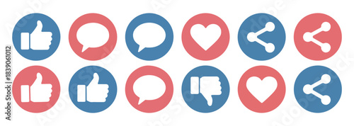 Icon set for social media featuring thumb up, speech bubble, heart, and share symbols for engagement