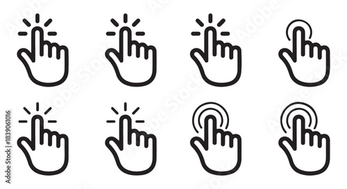 Set of black cursor icons, hand clicking and finger tap symbols, perfect for web and app interface designs