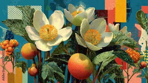 three white flowers, fruits and leaves of a green bush. Generative AI