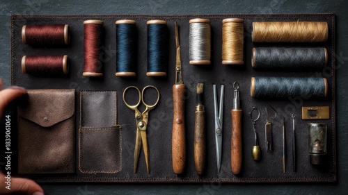 Crafting tools neatly arranged on a dark surface with colorful threads and sewing instruments at hand for creative projects