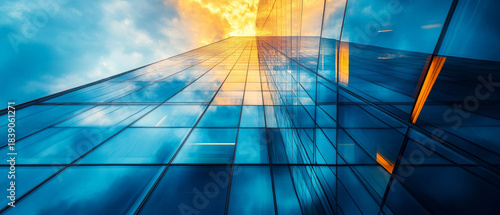 Glamorous skyscrapers reflect the sunset, creating a futuristic atmosphere for business presentations as an atmospheric backdrop.