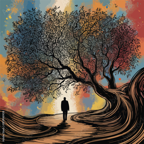 An autumn landscape with a tree and sun featuring a couple in love at sunset amidst a forest of vector silhouettes and falling leaves under a beautiful evening sky