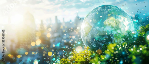The earth, surrounded by a network of glowing particles and green plants, symbolises global environmental challenges — it is a fitting conceptual backdrop for discussions on climate change 
