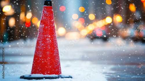 A red traffic cone stands out against a snowy backdrop with bokeh lights. Winter road safety in action, marking potential hazards during inclement weather. Stay safe while travelling.