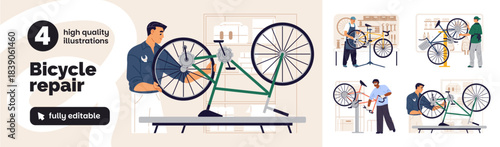 Bicycle fixing service set. Technicians repair wheels or chain of broken bikes. Repairmen work in workshop. Technical maintenance workers. Flat isolated vector illustrations on white background