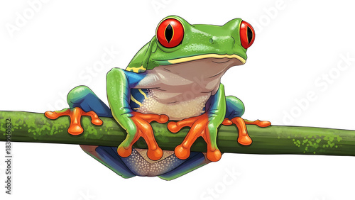 Red-eyed tree frog clinging to a thin branch, vibrant realistic illustration with smooth outlines, isolated on transparent background.