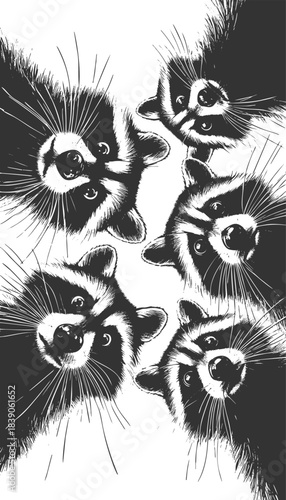 Four raccoons peering downward with wide-eyed expressions, ideal for humor or wildlife themes sketch engraving generative ai vector illustration. Scratch board imitation. Black and white image.
