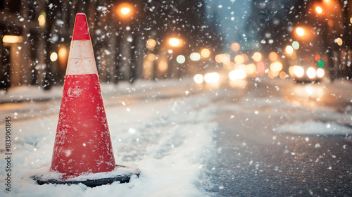 City street in a snowstorm at night with a traffic cone in the foreground, illuminated by streetlights. Cars are visible in the background on the snow-covered road. Caution and safety first!