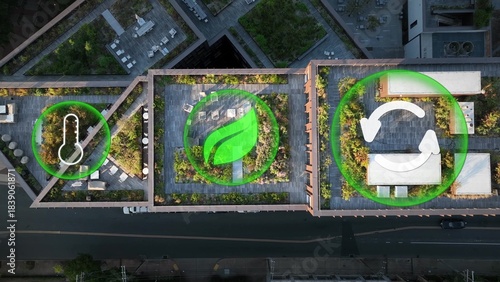Foto Aerial of garden rooftop in an urban city showing sustainable architecture and eco-friendly modern development
