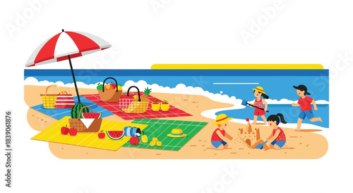 Beach day picnic scene with family enjoying summer vacation and activities.