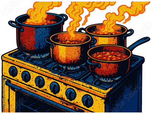 pots simmering stew on a worn gas stove, capturing a rustic and home-cooked kitchen atmosphere. Generative ai vector colorful pop art illustration.
