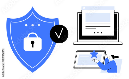 Cybersecurity, data protection, online safety, user interface, digital authentication, online interaction. Shield with lock, verified checkmark laptop and person on tablet. Cybersecurity and data