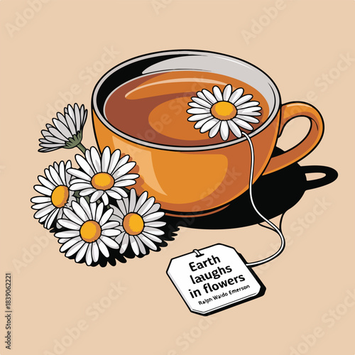 Hot camomile and chamomile tea cup illustration featuring a steaming beverage mug with a flower design and morning aroma on a saucer for a breakfast cafe art vector