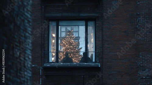 Fototapeta Naklejka Na Ścianę i Meble -  A view of a city apartment window from the street, showing the silhouette of people decorating their small tree inside,
