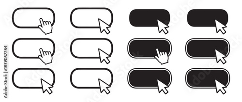 Collection of black and white rectangle buttons in multiple rows, with hand cursors and arrow pointers