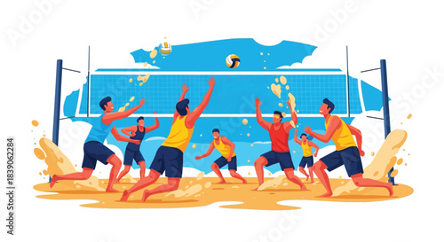 Beach volleyball action Players compete in a dynamic outdoor game.