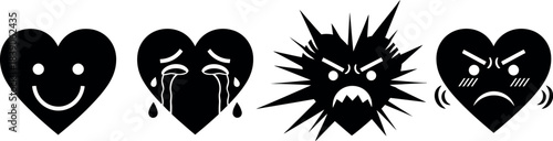 Four black hearts displaying different emotions on white background