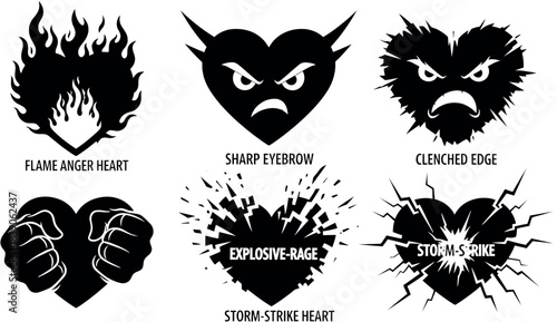 Collection of six black hearts with intense emotions and designs