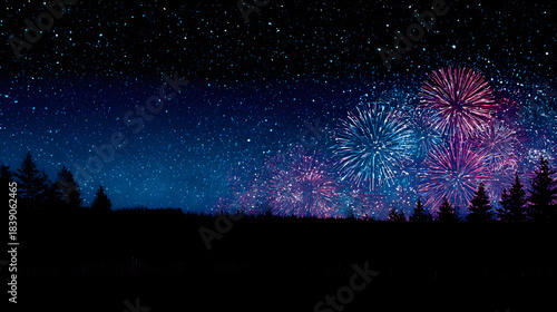 New years fireworks in dark blue night sky