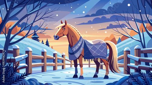 Very beautiful calm winter scene of a horse wearing a warm blanket near a wooden fence, surrounded by quiet snowfall and serene paddock atmosphere highlighting gentle care and peaceful countryside 