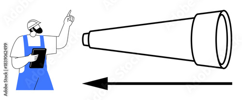 Engineer monitoring processes. Engineer with tablet monitoring industrial applications and telescope observation. Engineer observing equipment optimization for accurate results. Science, technology