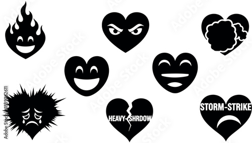 Collection of black heart icons representing various emotions and states