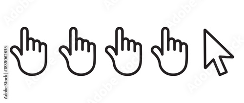 Hand and arrow cursor icon set. Vector collection of linear mouse pointers and finger gestures.